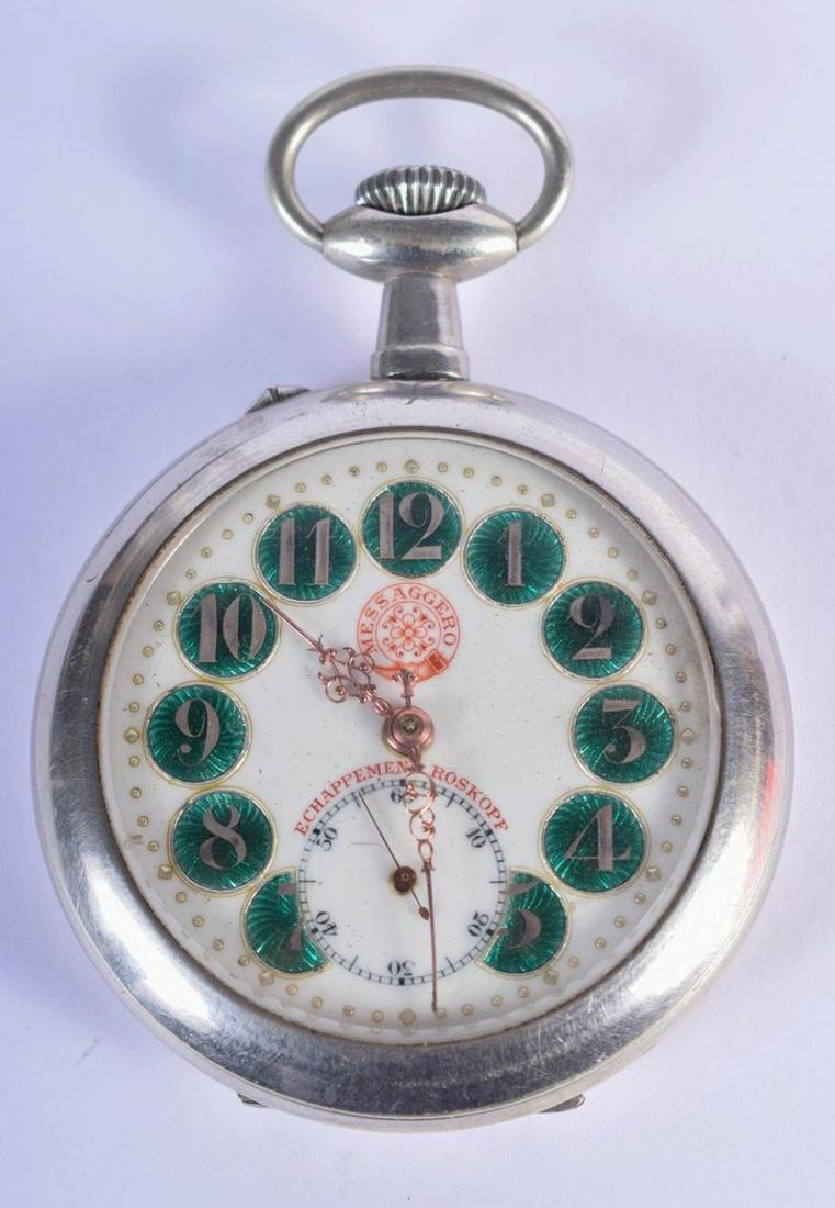 AN ART DECO GREEN ENAMELLED MESSAGGERO POCKET WATCH. (1 of 3)