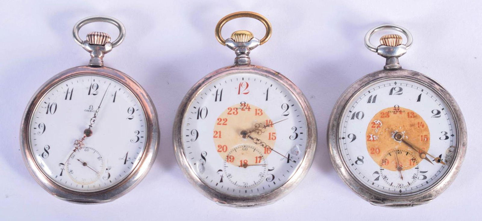 THREE OMEGA POCKET WATCHES. Largest 4.75 cm diameter. (1 of 3)