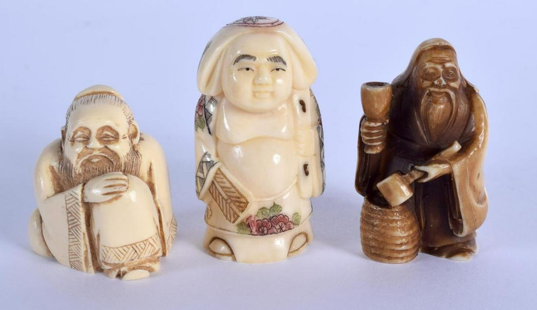 THREE EARLY 20TH CENTURY JAPANESE MEIJI PERIOD NETSUKES: THREE EARLY 20TH CENTURY JAPANESE MEIJI PERIOD NETSUKES in various forms. Largest 5.25 cm high. (3)