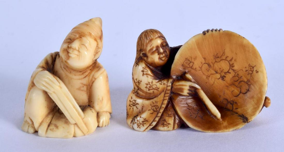 A 19TH CENTURY JAPANESE MEIJI PERIOD CARVED BONE: A 19TH CENTURY JAPANESE MEIJI PERIOD CARVED BONE NETSUKE together with another. Largest 3.5 cm x 3.25 cm. (2)