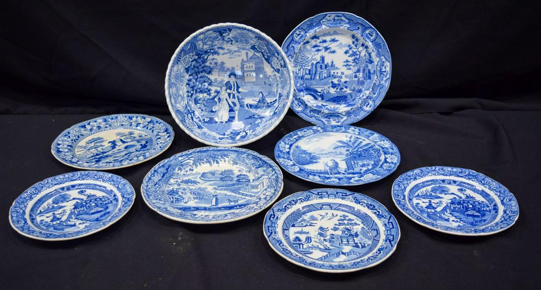An 18th Century bowl depicting European scenes together: An 18th Century bowl depicting European scenes together with blue and white plates spode etc 26 x 11cm (8)