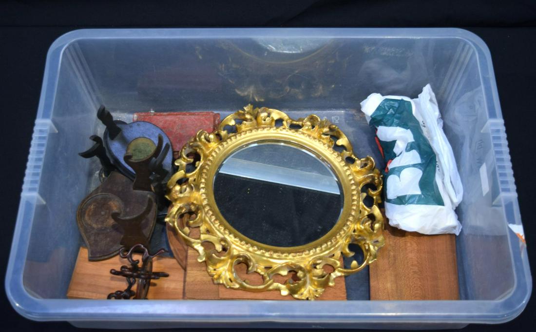 Miscellaneous group including a small gilt mirror,: Miscellaneous group including a small gilt mirror, picture frames, stands etc 34 cm Qty.