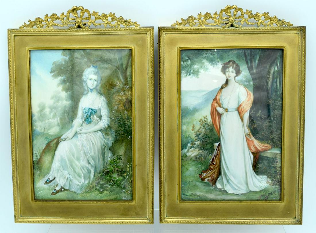European School (19th Century) Pair of miniatures,: European School (19th Century) Pair of miniatures, Females within landscapes. Bone 20 cm x 14 cm.