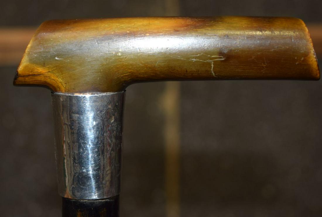 A 19TH CENTURY CONTINENTAL CARVED BUFFALO HORN WALKING: A 19TH CENTURY CONTINENTAL CARVED BUFFALO HORN WALKING CANE with silver mounts. 88 cm long.