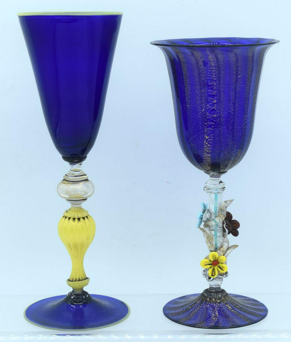 TWO VENETIAN BLUE GLASS GOBLET CUPS one with foliate (1 of 3)