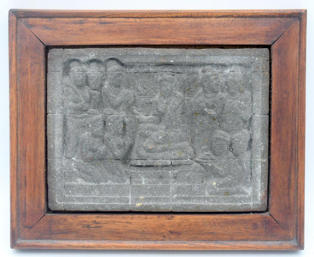 A RARE EARLY PAKISTAN GANDHARA SCHIST CARVED PANEL OF: A RARE EARLY PAKISTAN GANDHARA SCHIST CARVED PANEL OF BUDDHISTIC DEITIES C200AD modelled in various pursuits. Schist 24 cm x 18 cm.