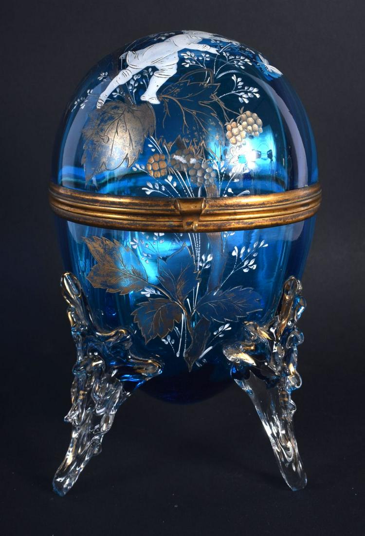 AN ANTIQUE MARY GREGORY STYLE ENAMELLED BLUE GLASS EGG (1 of 4)