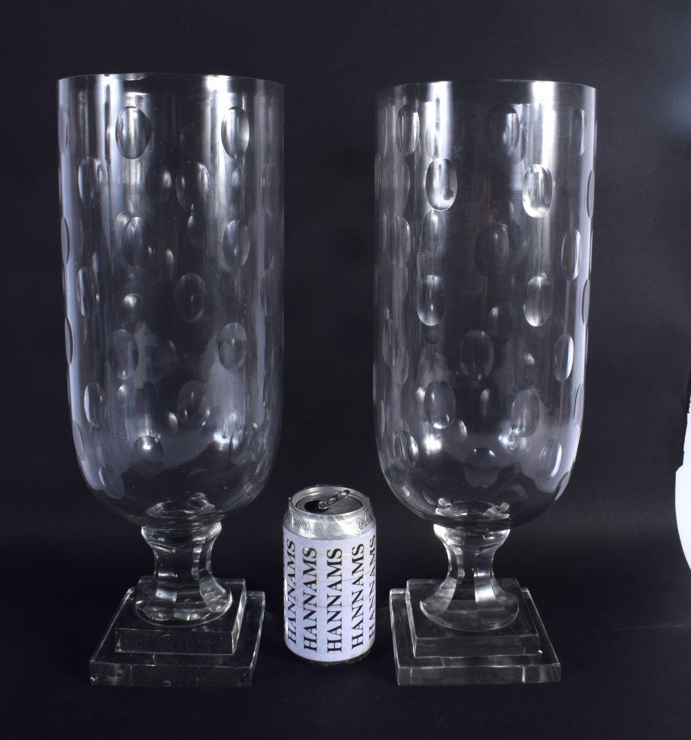 A LARGE PAIR OF CUT GLASS STORM CELERY VASES. 40 cm (1 of 2)