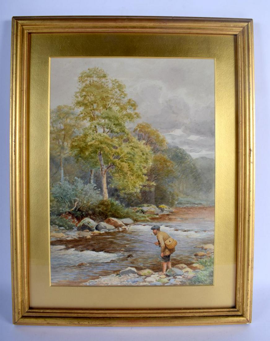 John Bates Noel (C1900) Watercolour, Fly fisherman.: John Bates Noel (C1900) Watercolour, Fly fisherman. Image 35 cm x 24 cm.