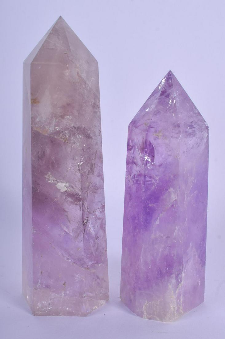 TWO CONTINENTAL CARVED AMETHYST OBELISKS. Largest 13 cm: TWO CONTINENTAL CARVED AMETHYST OBELISKS. Largest 13 cm high. (2)
