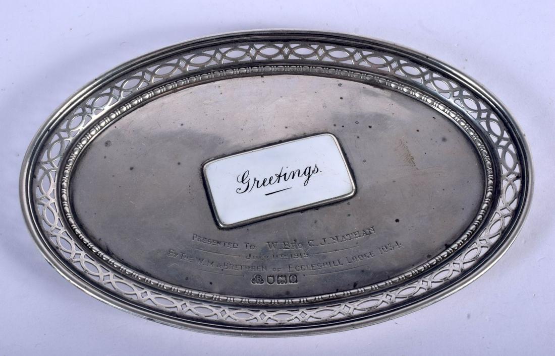 AN EDWARDIAN SILVER AND ENAMEL GREETINGS CARD TRAY.: AN EDWARDIAN SILVER AND ENAMEL GREETINGS CARD TRAY. London 1909. 155 grams. 18 cm x 12 cm.