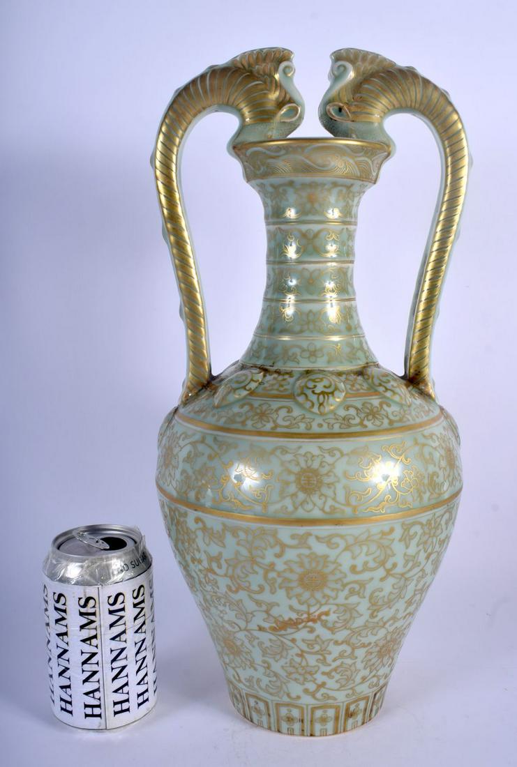 A LARGE CHINESE TWIN HANDLED CELADON PORCELAIN VASE (1 of 4)