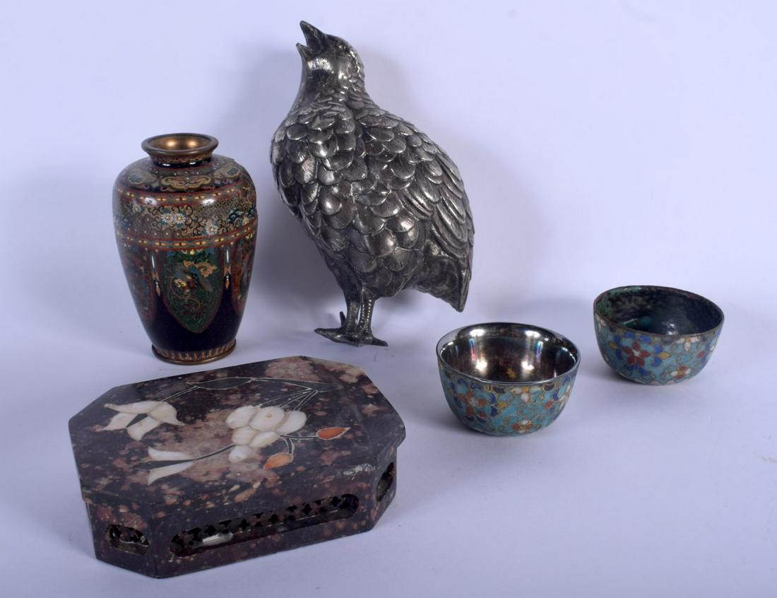 A 19TH CENTURY JAPANESE MEIJI PERIOD SILVERED METAL: A 19TH CENTURY JAPANESE MEIJI PERIOD SILVERED METAL OKIMONO together with a pair of cloisonne bowls etc. Largest 10 cm x 12 cm. (5)