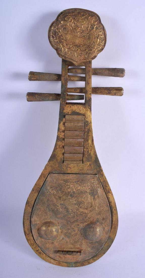 A RARE CHINESE BRASS ENGRAVED MANDOLIN FORM CENSER AND (1 of 6)