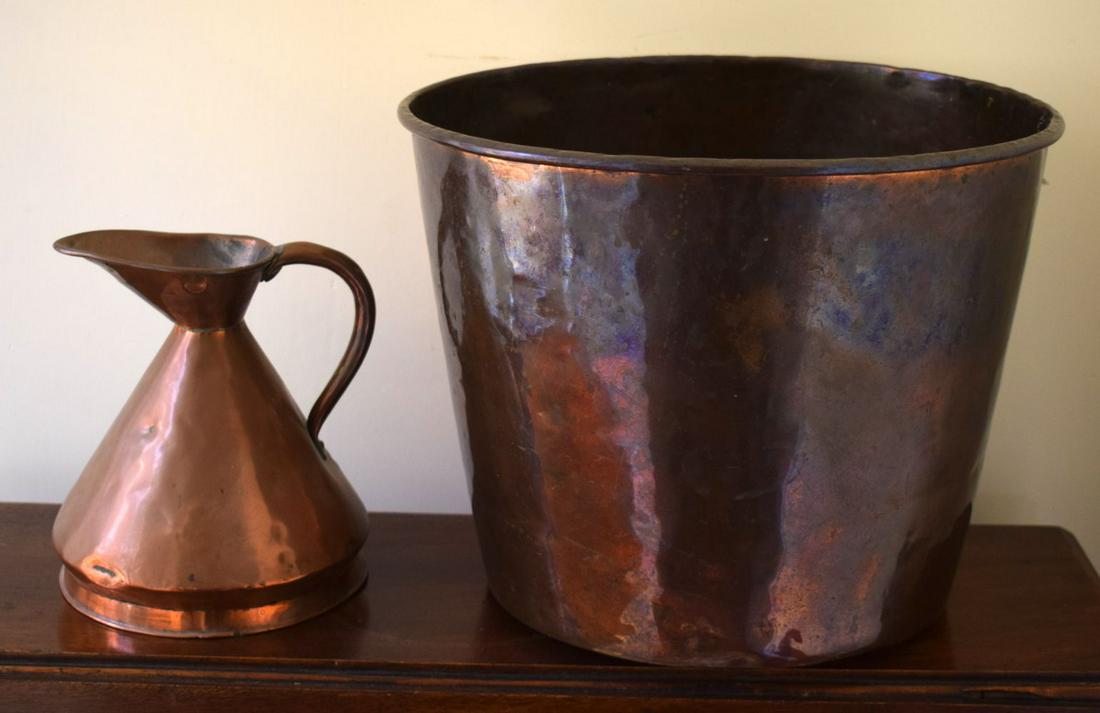 A VINTAGE COPPER WASTE PAPER BASKET, along with a small (1 of 2)