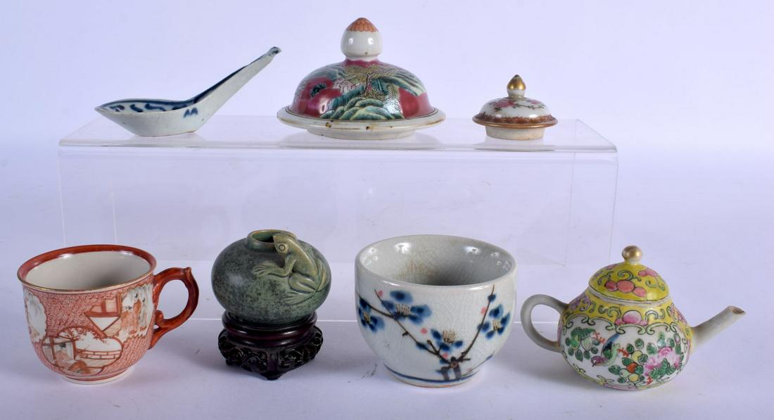A RARE 19TH CENTURY CHINESE FAMILLE JAUNE MINIATURE: A RARE 19TH CENTURY CHINESE FAMILLE JAUNE MINIATURE TEAPOT AND COVER together with a Kutani cup etc. (qty)