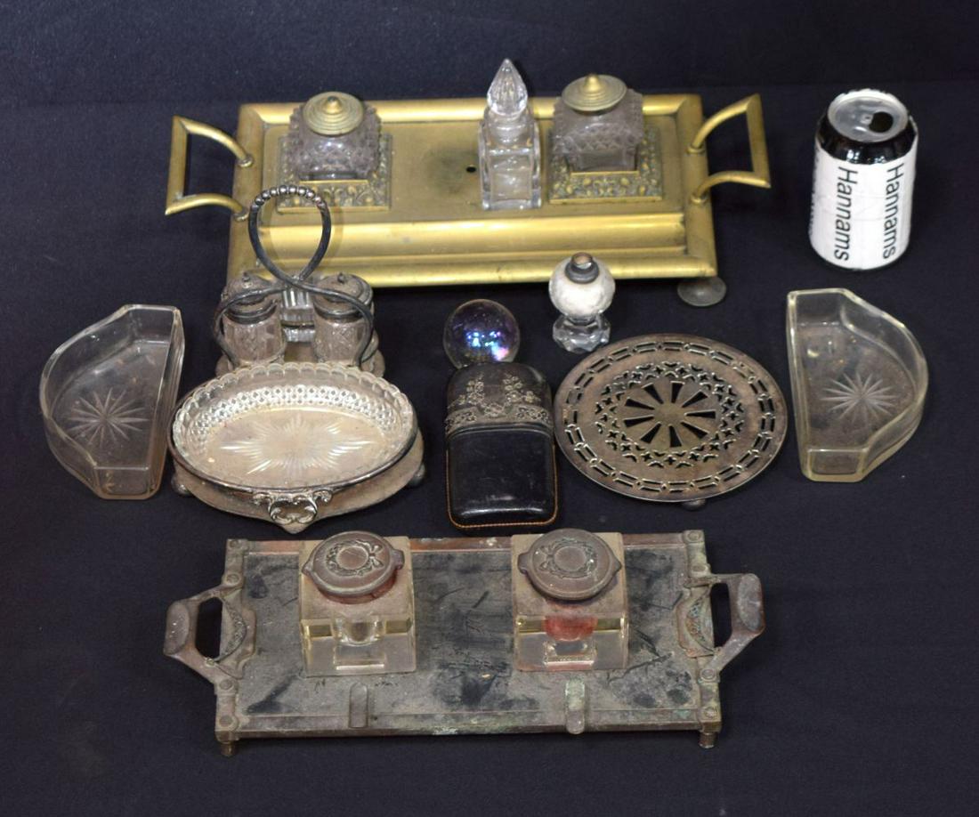 Miscellaneous collection Ink well stands, Cruets sets ,: Miscellaneous collection Ink well stands, Cruets sets , hip flasks etc (Qty).