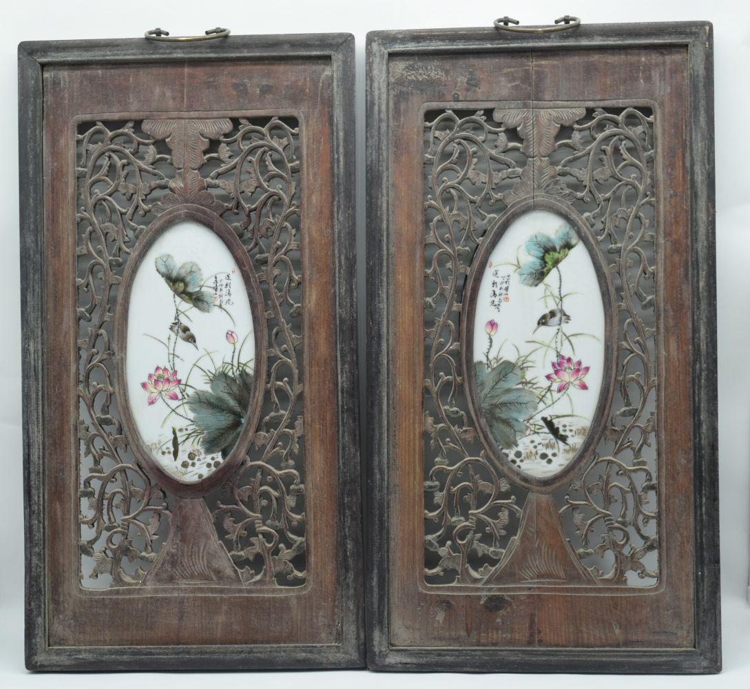 A pair of Chinese porcelain panels in hardwood frames (1 of 6)