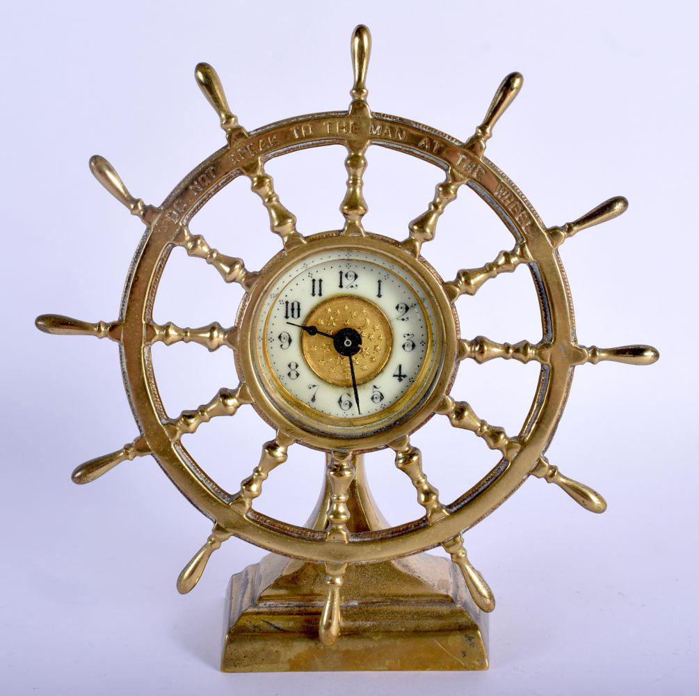 AN ANTIQUE BRASS MARITIME SHIPS WHEEL CLOCK. 17 cm x 15 (1 of 2)