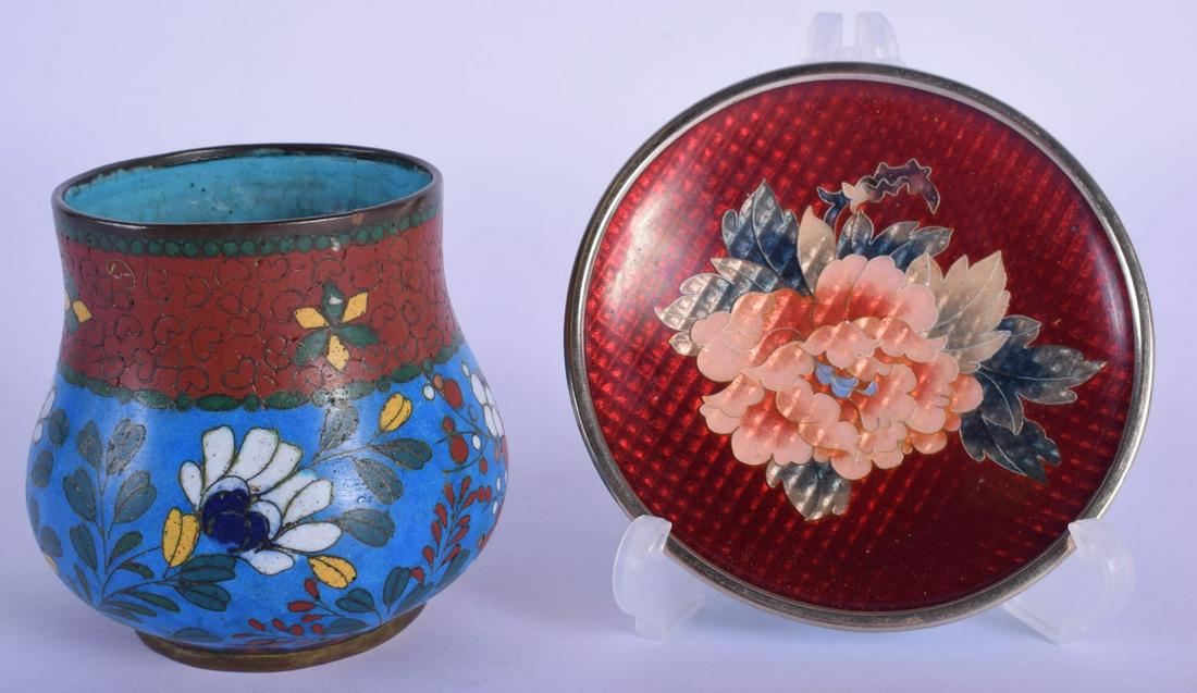 A 19TH CENTURY JAPANESE MEIJI PERIOD CLOISONNE ENAMEL: A 19TH CENTURY JAPANESE MEIJI PERIOD CLOISONNE ENAMEL CENSER together with a later taisho period cloisonne dish. Largest 9 cm wide. (2)
