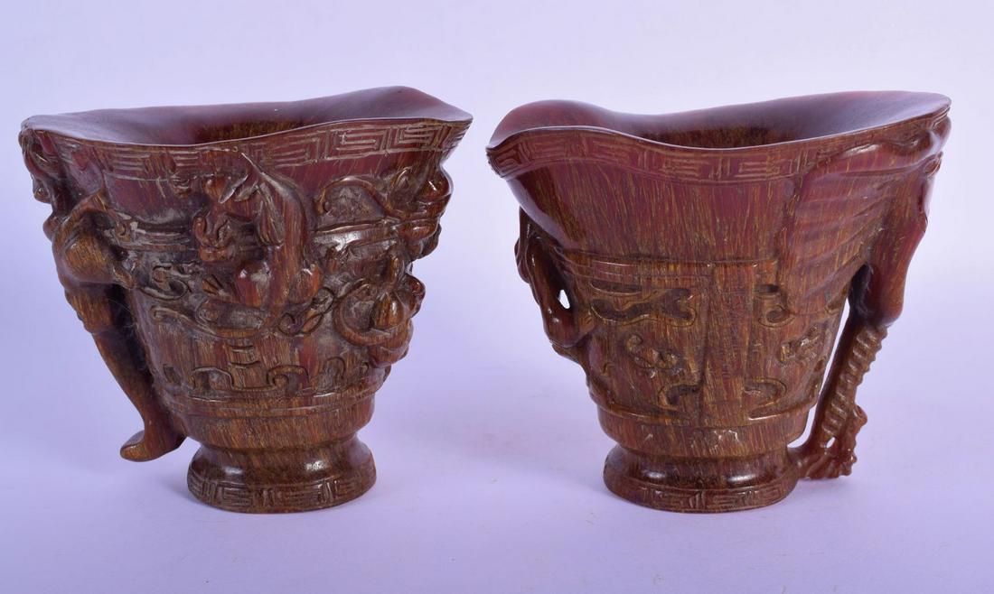 TWO CHINESE CARVED BUFFALO HORN TYPE LIBATION CUPS 20th (1 of 4)