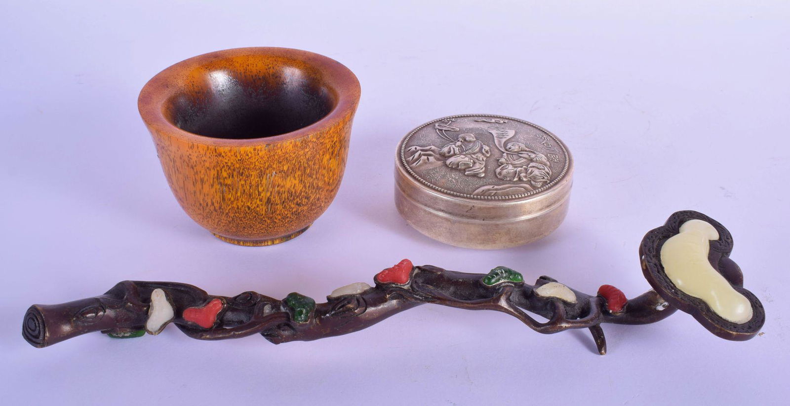 A CHINESE BRONZE HARDSTONE SCEPTRE 20th Century, (1 of 3)