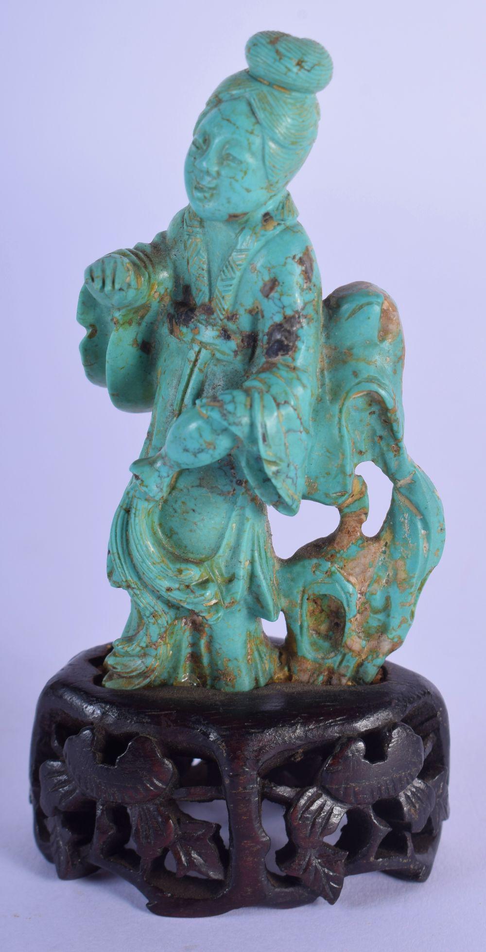 A LATE 19TH CENTURY CHINESE CARVED TURQUOISE FIGURE OF (1 of 2)