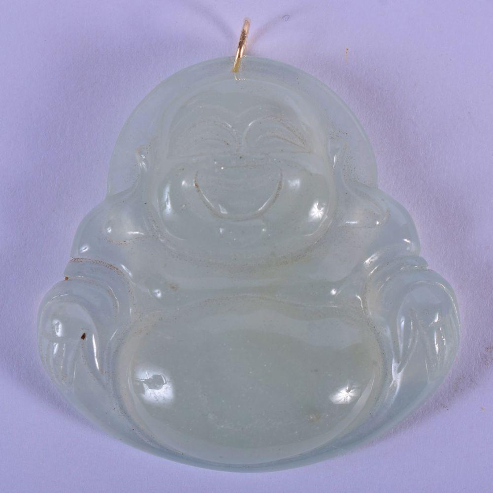 A CHINESE GOLD MOUNTED JADEITE BUDDHA PENDANT 20th: A CHINESE GOLD MOUNTED JADEITE BUDDHA PENDANT 20th Century. 5 cm x 5.25 cm.