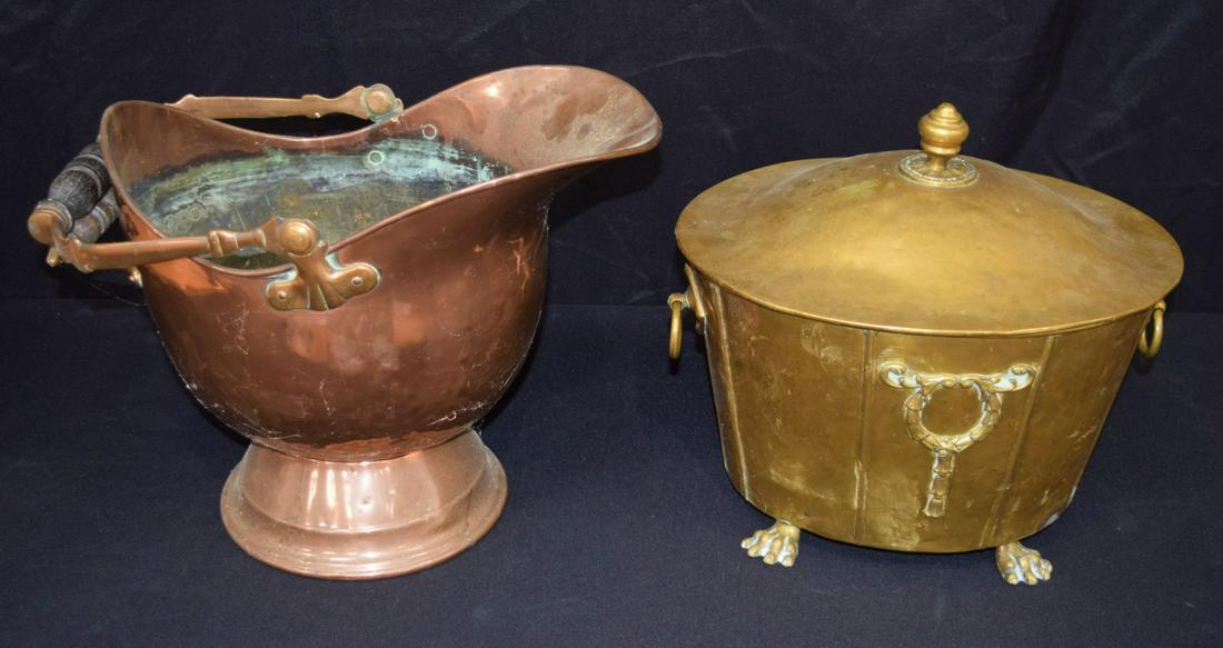 A large antique copper fire scuttle together with a (1 of 8)