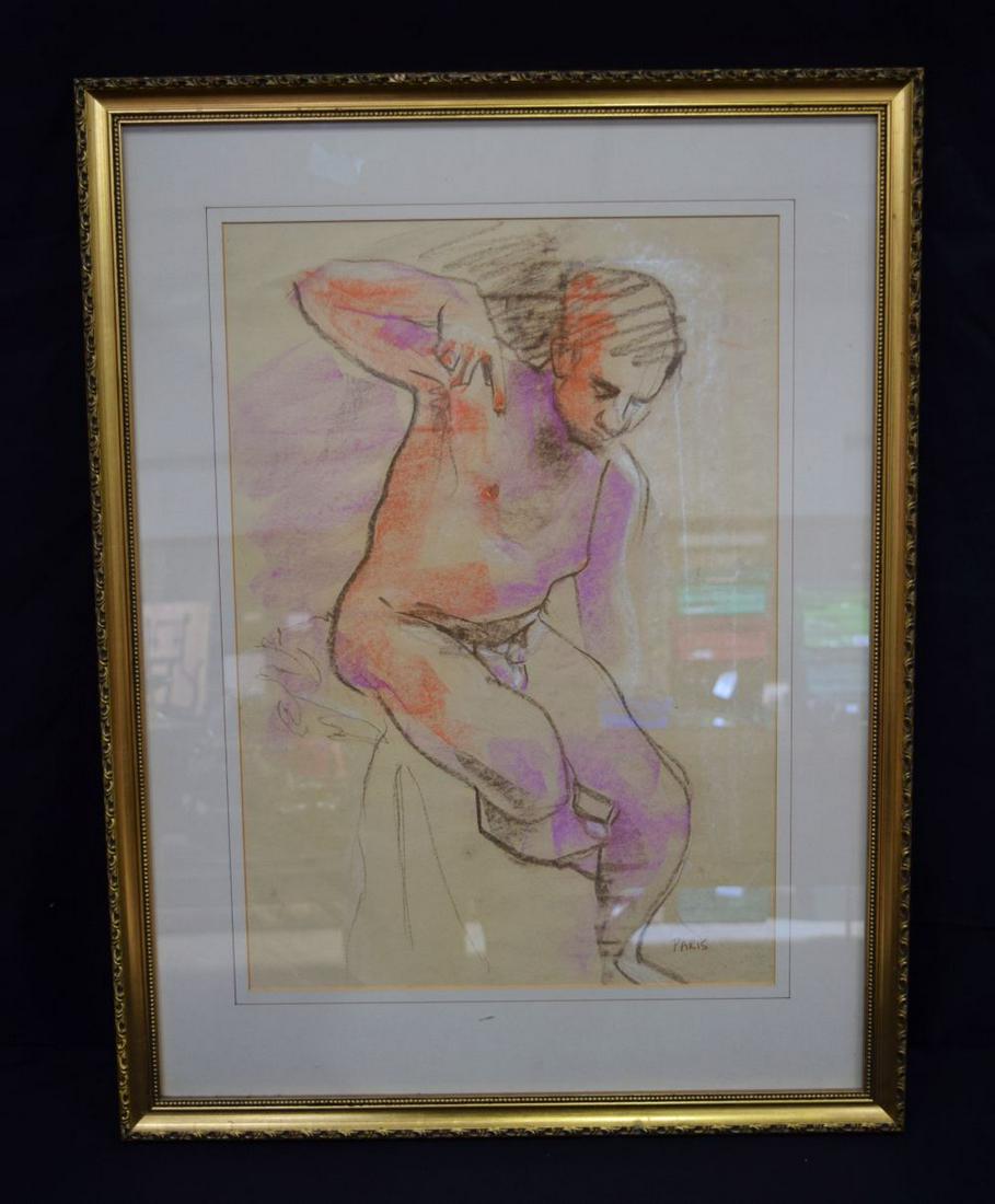 A framed charcoal drawing of a naked male signed Paris. (1 of 4)