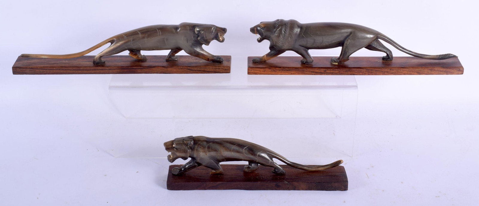 THREE 19TH CENTURY MIDDLE EASTERN CARVED RHINOCEROS: THREE 19TH CENTURY MIDDLE EASTERN CARVED RHINOCEROS HORN LIONS upon rectangular wood bases. Largest 26 cm long. (3)