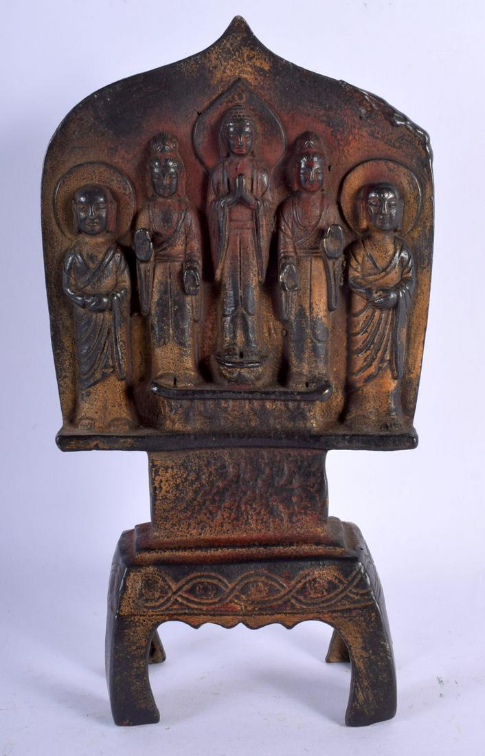 A CHINESE TIBETAN BRONZE BUDDHISTIC SHRINE modelled: A CHINESE TIBETAN BRONZE BUDDHISTIC SHRINE modelled upon a shaped base. 24 cm x 12 cm.