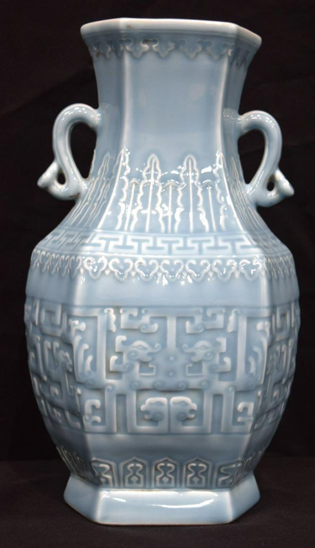 A Chinese hexagonal shaped celadon vase decorated in (1 of 6)