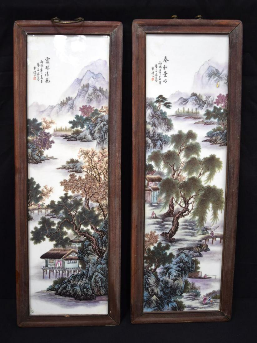 A pair of Chinese porcelain panels in hardwood frames (1 of 5)