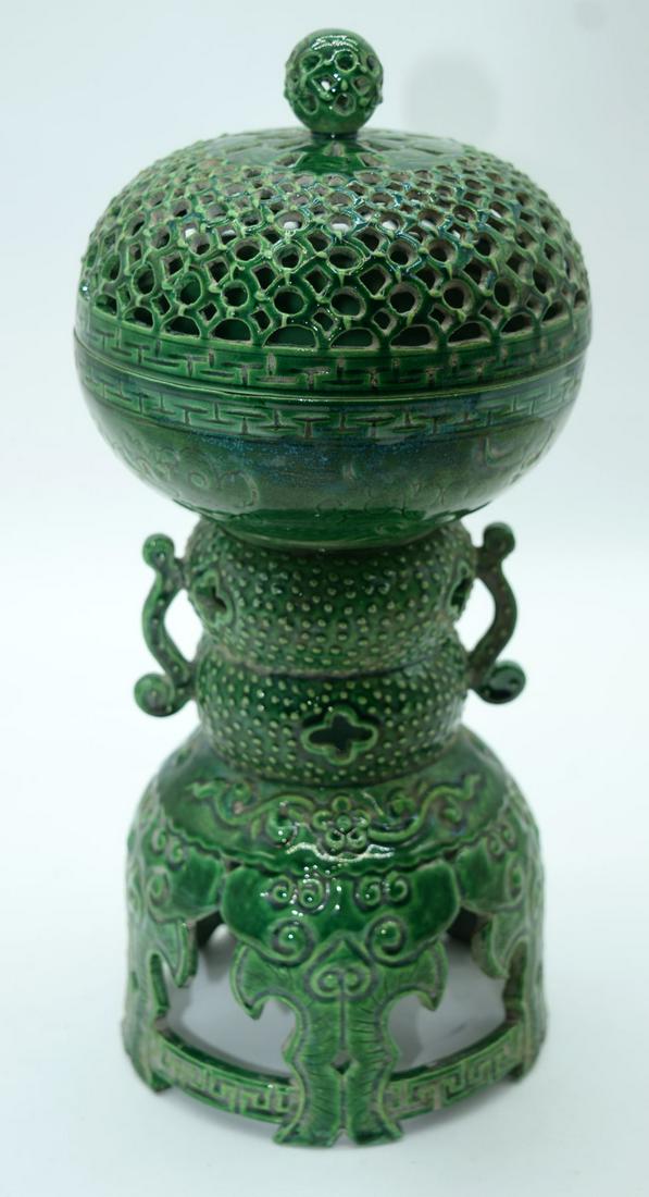 A large Chinese glazed pottery incense burner 30cm (3). (1 of 4)