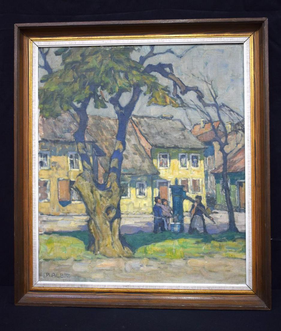 Richard Albitz 1876-1954 Framed oil on canvas " Das: Richard Albitz 1876-1954 Framed oil on canvas " Das gelbe Haus". 54 x 47cm