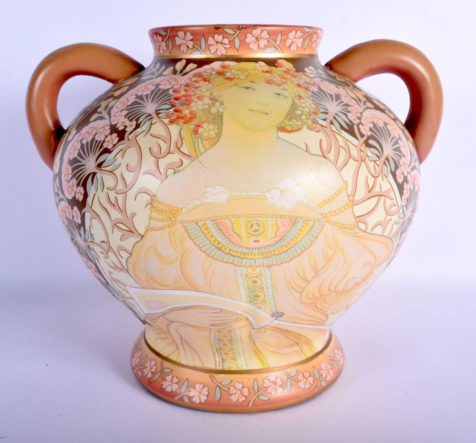 AN UNUSUAL TWIN HANDLED ART NOUVEAU ENAMELLED OPALINE (1 of 4)