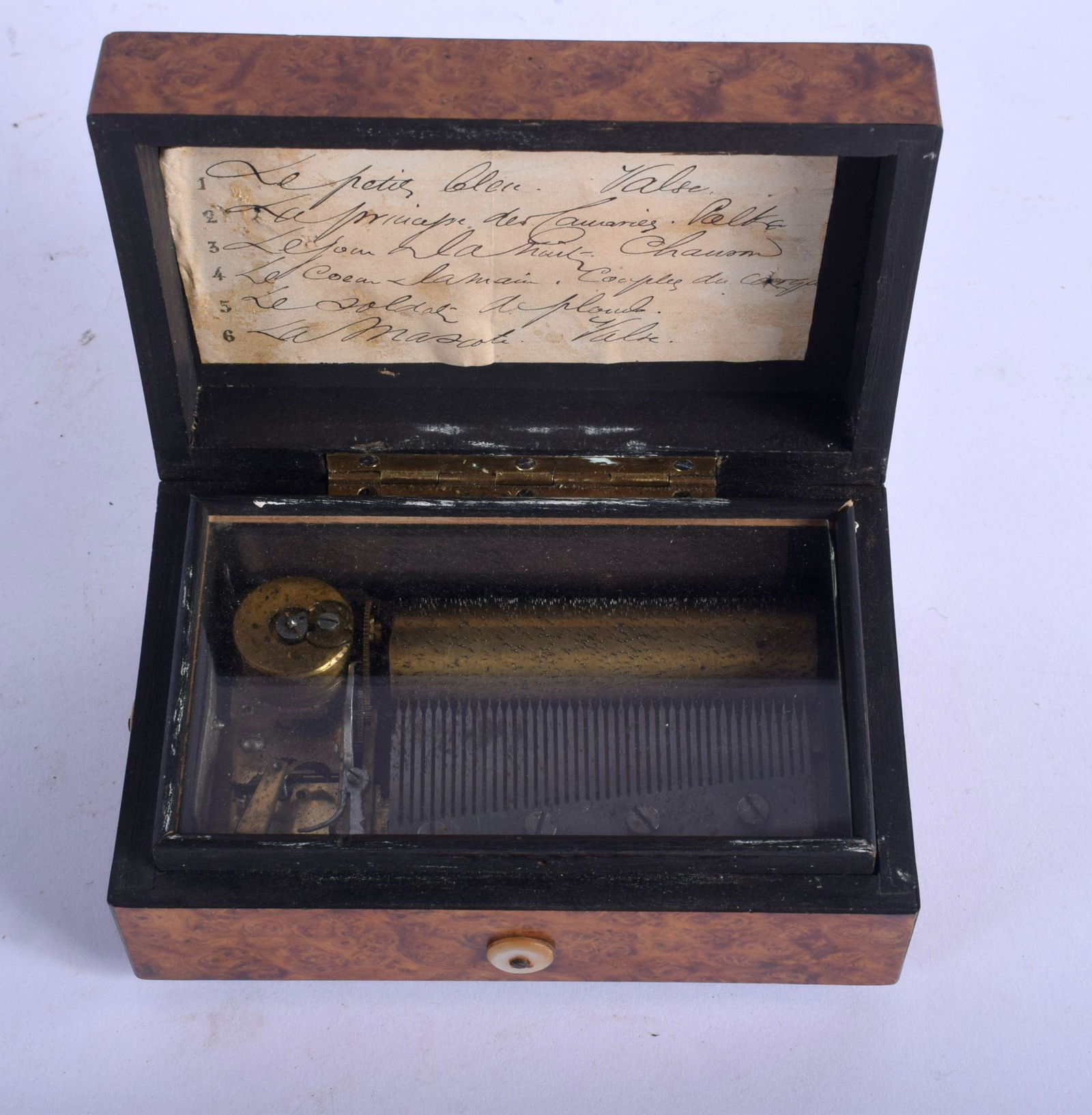 AN ANTIQUE SIX AIRS BURR WALNUT MUSICAL BOX. 12 cm x (1 of 5)