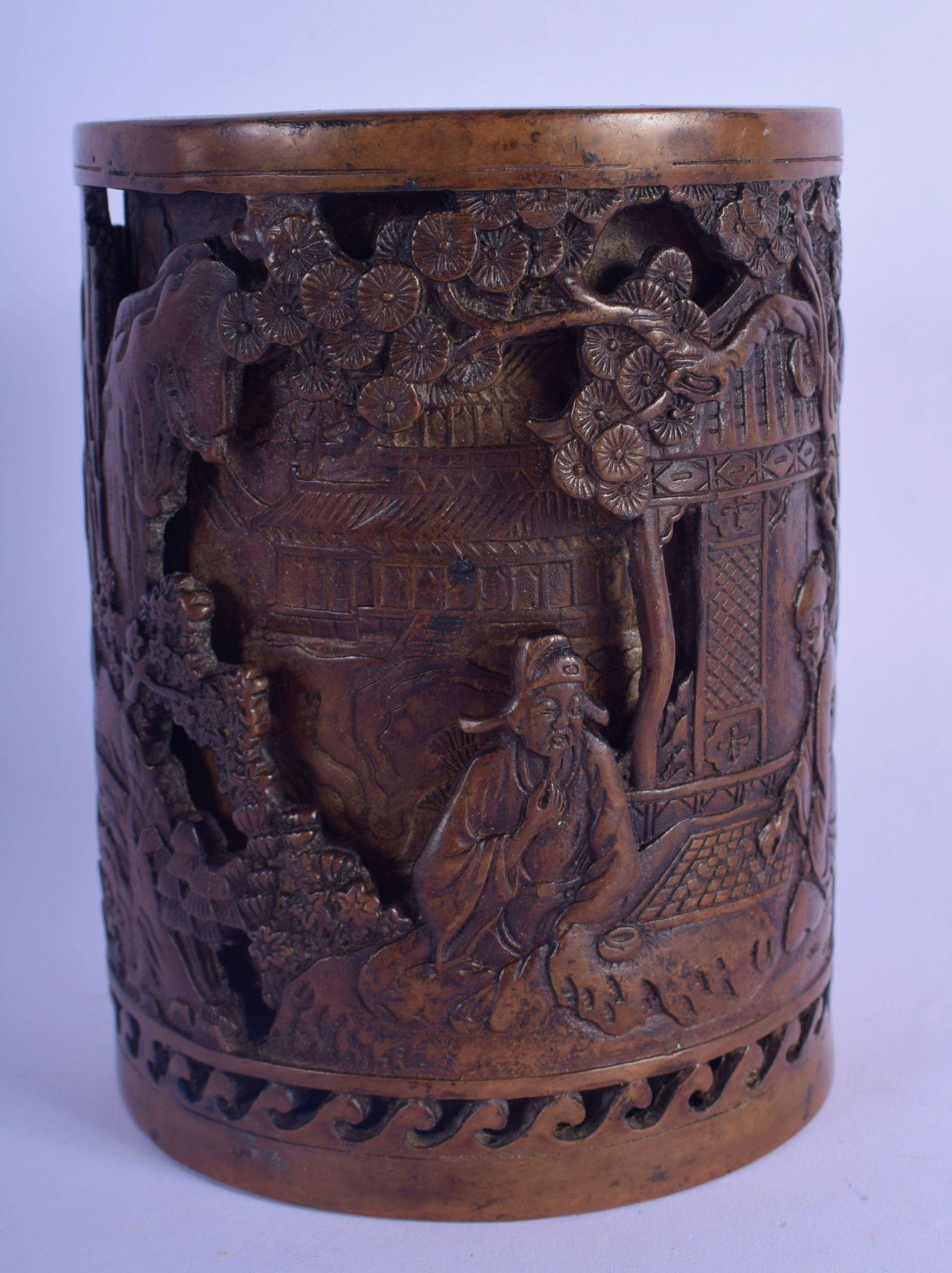 A CHINESE CYLINDRICAL BRONZE BRUSH POT 20th Century, (1 of 4)