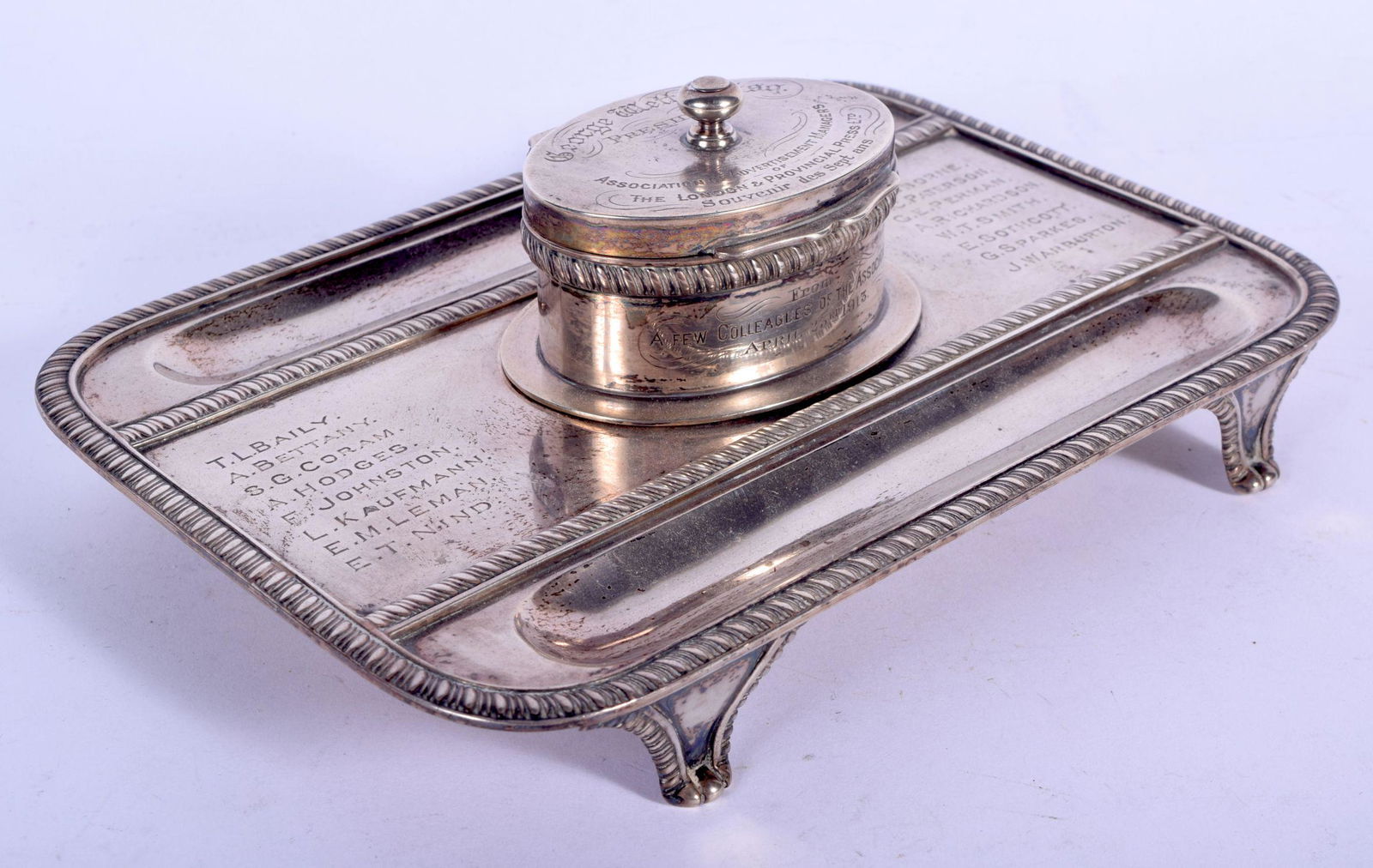AN ANTIQUE PRESENTATION SILVER INKWELL presented to (1 of 6)