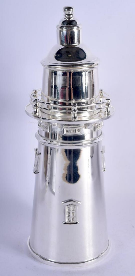 A NOVELTY SILVER PLATED LIGHTHOUSE COCKTAIL SHAKER. (1 of 3)