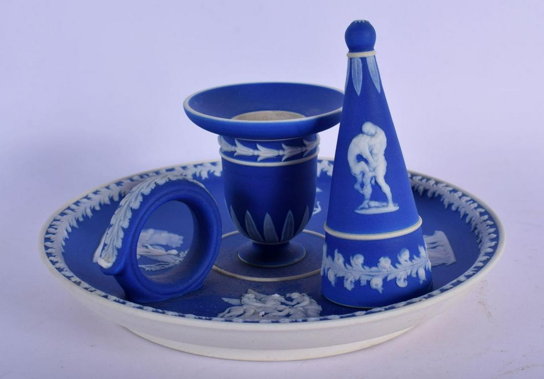 A 19TH C. WEDGWOOD BLUE JASPERWARE CHAMBER STICK WITH (1 of 4)