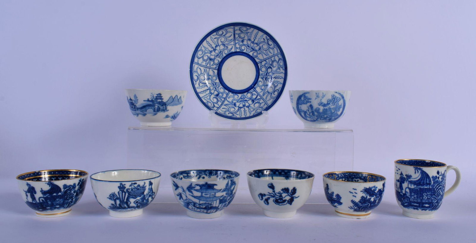 18TH C. TWO KEELING B&W TEABOWL, A TURNER TEABOWL FOUR: 18TH C. TWO KEELING B&W TEABOWL, A TURNER TEABOWL FOUR CAUGHLEY WARES AND TWO OTHERS. Tea bow 5.5cm high (9)