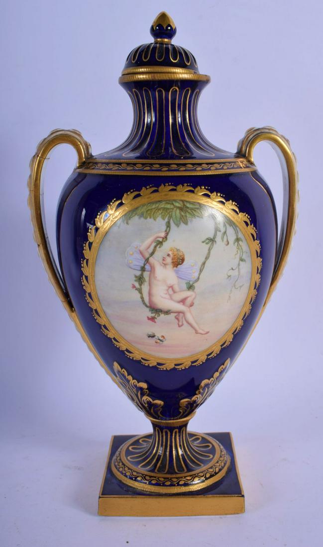 19TH C. MINTON VASE AND COVER PAINTED WITH AN UNCLOTHED: 19TH C. MINTON VASE AND COVER PAINTED WITH AN UNCLOTHED FAIRY SWINGING FROM A VINE STRONGLY ATTRIBUTED TO ANTONIN BOULLEMIER. 26cm high