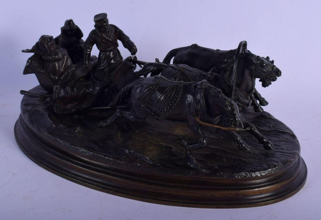 A FINE 19TH CENTURY RUSSIAN BRONZE FIGURE OF A TROIKA: A FINE 19TH CENTURY RUSSIAN BRONZE FIGURE OF A TROIKA Cast by Woerffel, St Petersburg, After a Model by Vasily Grachev. 23 cm x 12 cm.