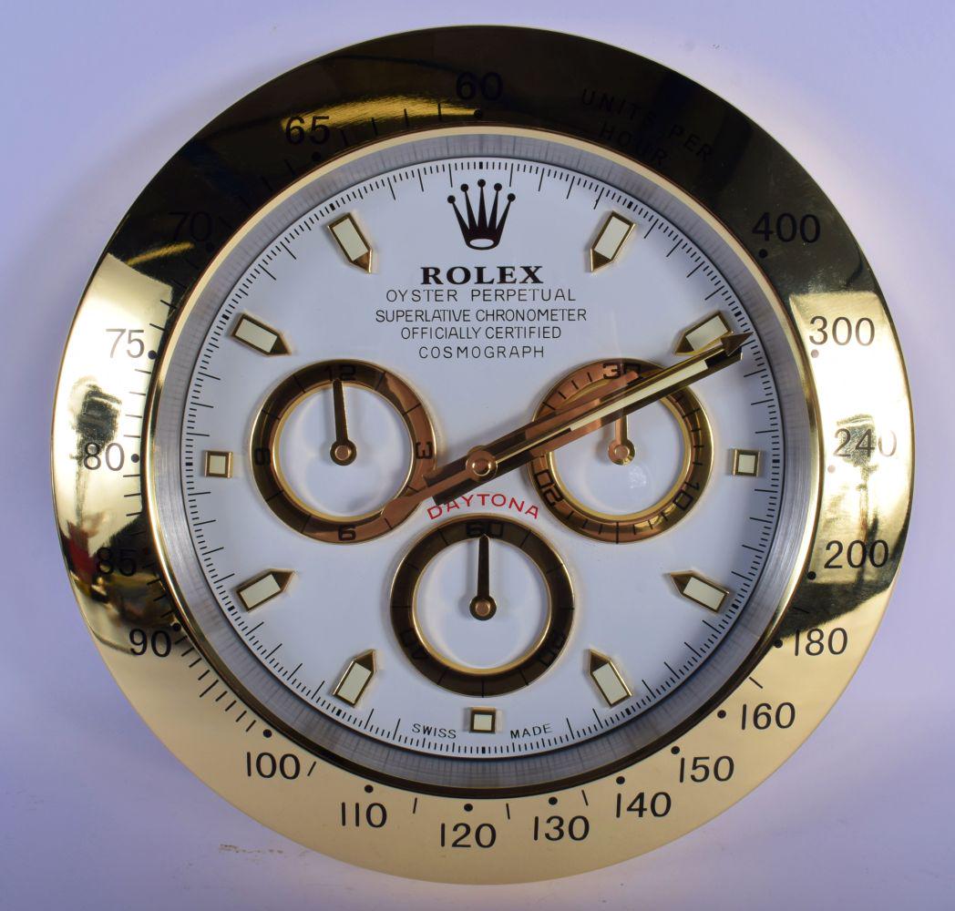 A ROLEX ADVERTISING DEALER DISPLAY HANGING WALL CLOCK.: A ROLEX ADVERTISING DEALER DISPLAY HANGING WALL CLOCK. 30 cm diameter.