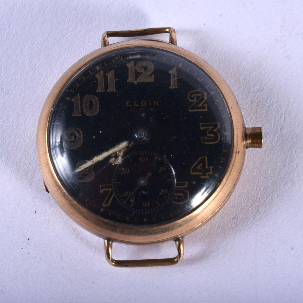 AN EDWARDIAN ELGIN GOLD PLATED BLACK DIAL WRISTWATCH: AN EDWARDIAN ELGIN GOLD PLATED BLACK DIAL WRISTWATCH WITH A KEYSTONE WATCH CASE. PRESENTED TO GEORGE P WOOD BY THE CEO OF PRESTON AND CO IN 1917. Dial 3.5cm (incl winder), weight 25.7g