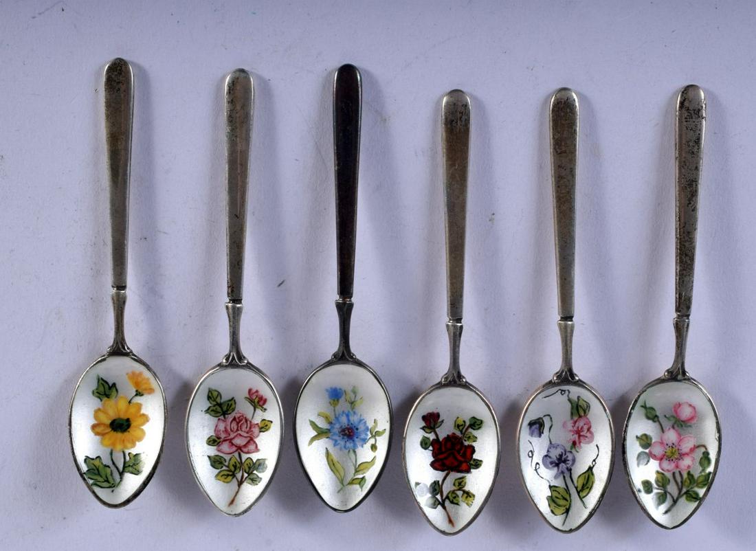 SIX SILVER COFFEE SPOONS WITH FLORAL ENAMELLED BOWLS BY (1 of 3)