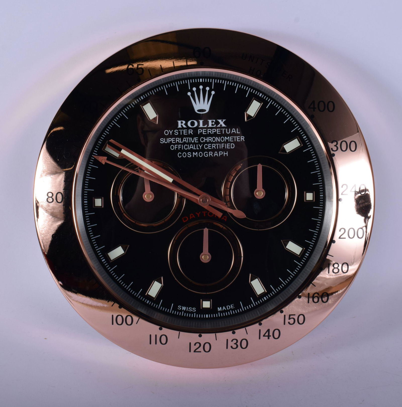 A ROLEX ADVERTISING DEALER DISPLAY HANGING WALL CLOCK.: A ROLEX ADVERTISING DEALER DISPLAY HANGING WALL CLOCK. 30 cm diameter.