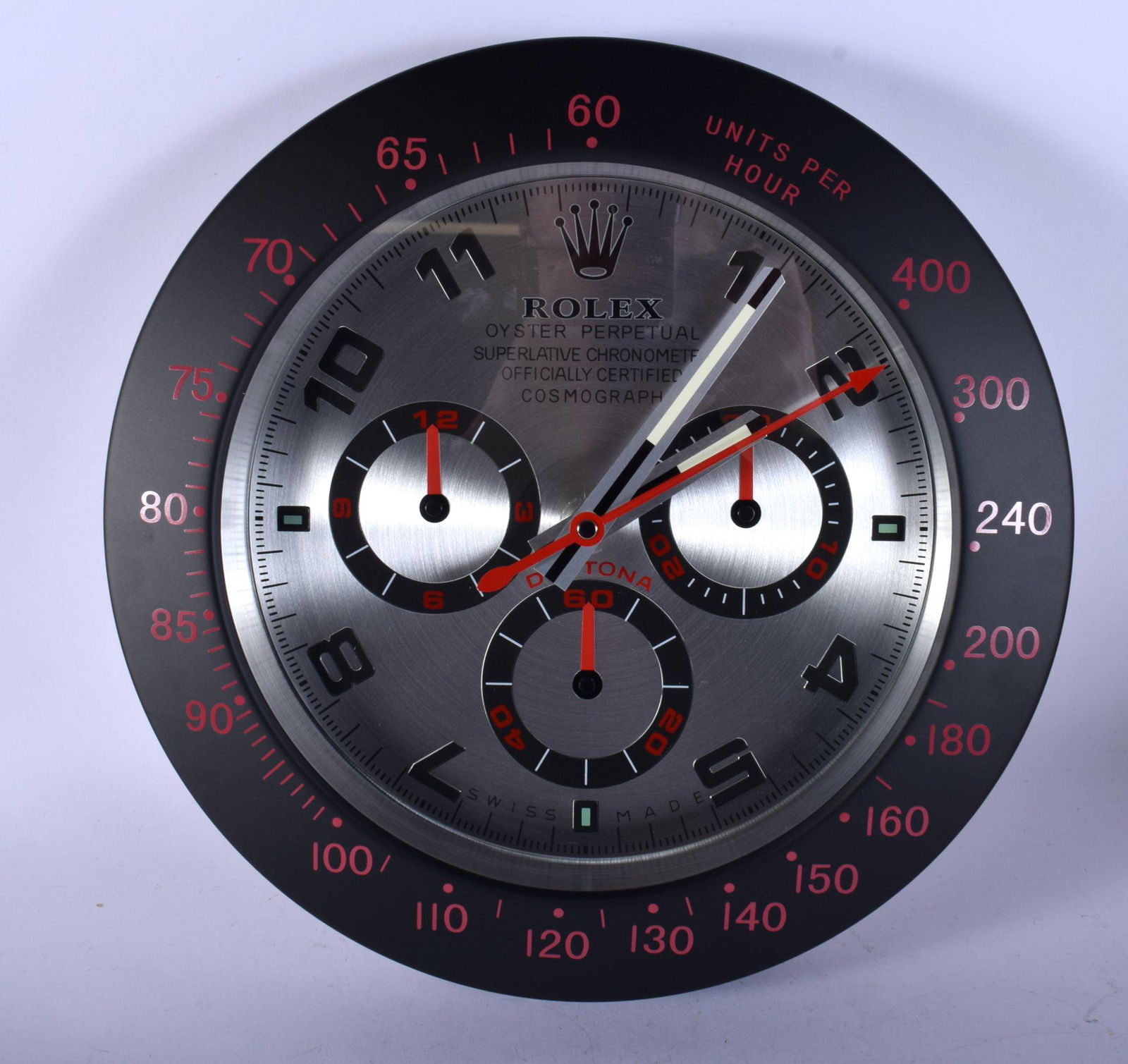 A ROLEX ADVERTISING DEALER DISPLAY HANGING WALL CLOCK.: A ROLEX ADVERTISING DEALER DISPLAY HANGING WALL CLOCK. 30 cm diameter.